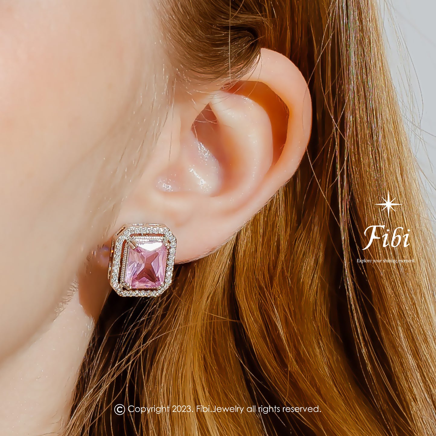 奢華粉紅色方形鍍銀耳釘