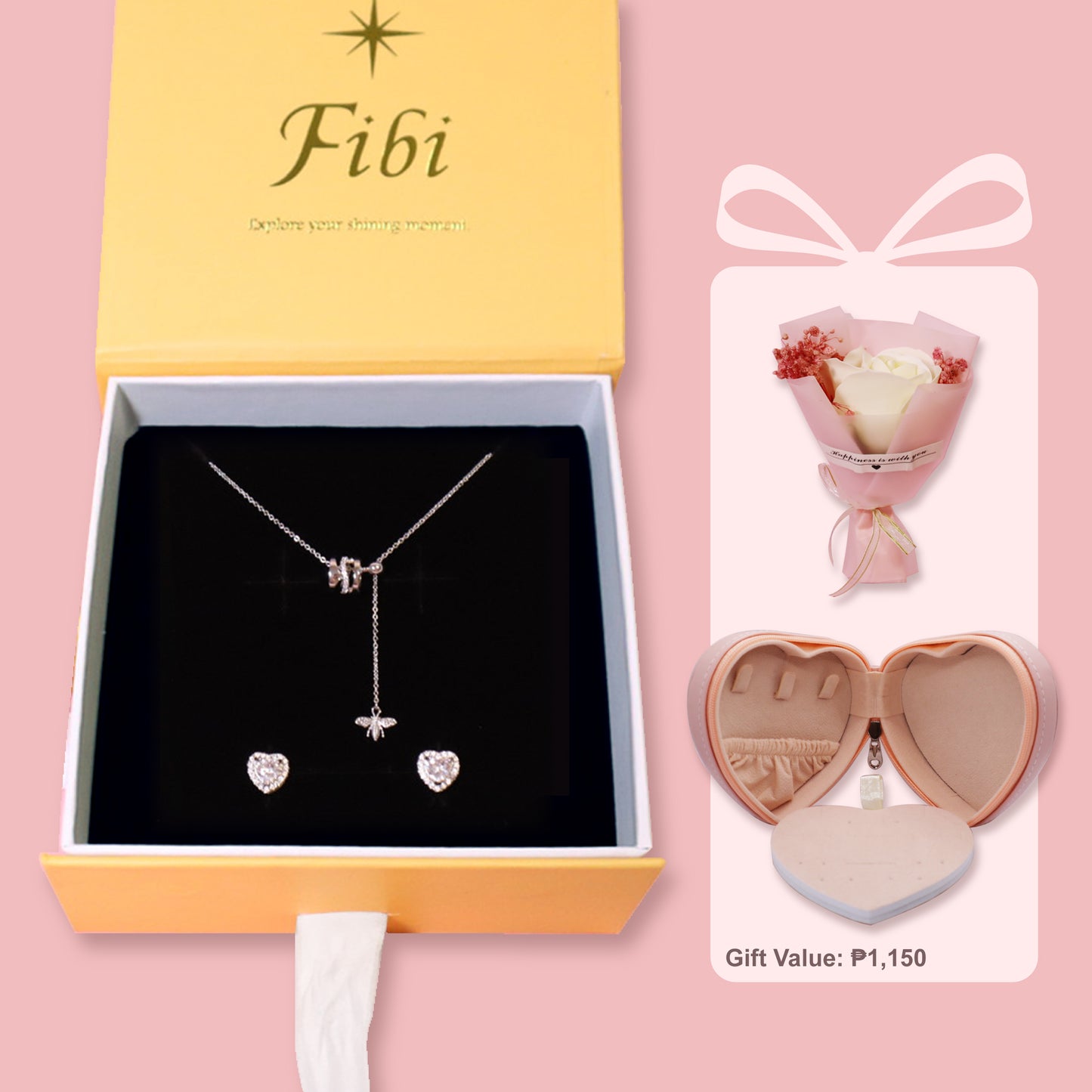 AAA Heart Shape Zircon Earrings and Bee Lovely Necklace Set