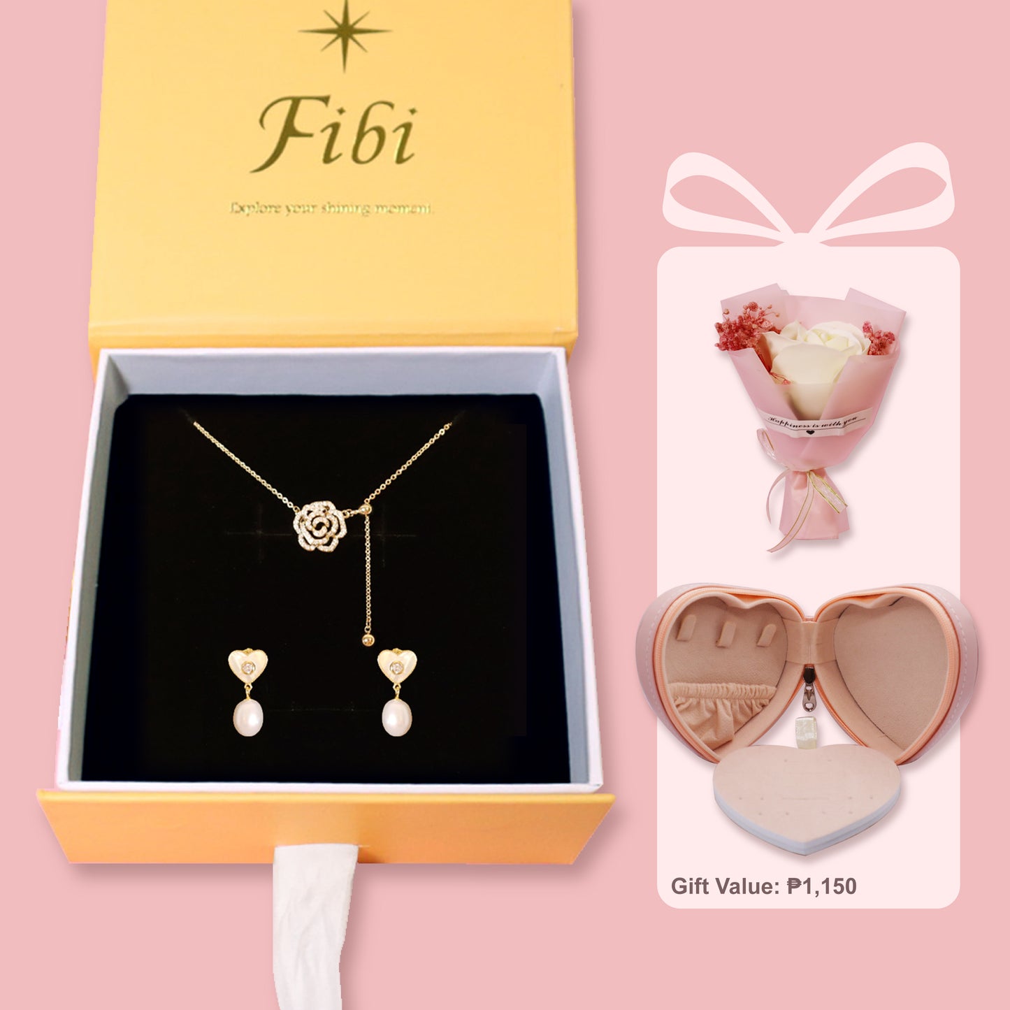 Heart Shape Freshwater Pearl 925 Silver Drop Earrings and Rose Flower Shape Necklace Set